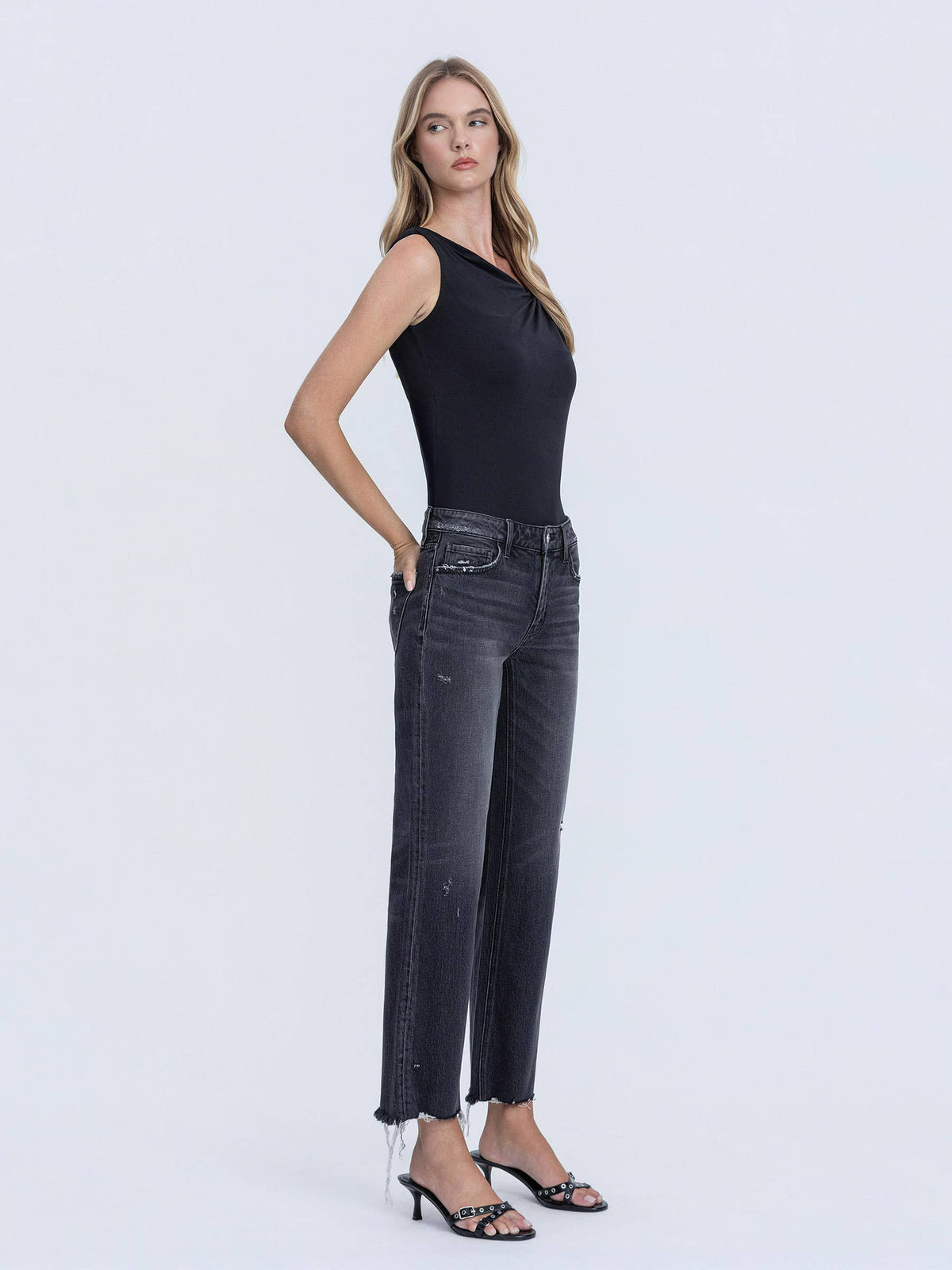 Distressed Hem Black Wide Jeans
