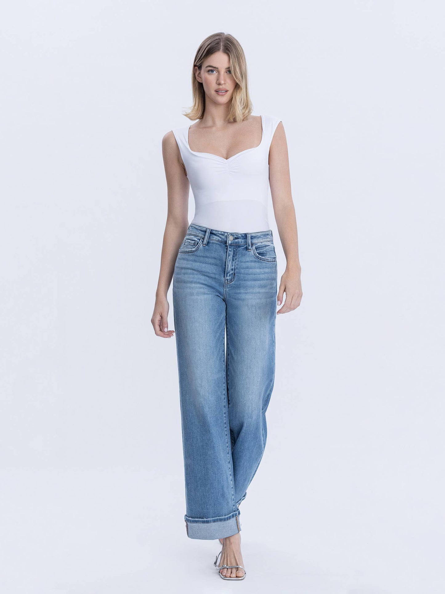 Full Length Wide Leg Cuffed Jeans
