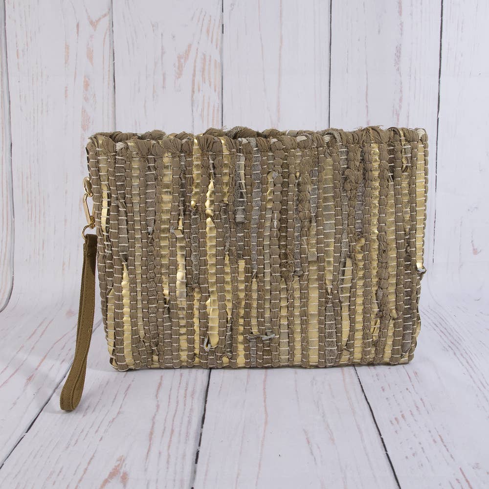 Woven Metallic Stripe Wristlet Clutch Bag