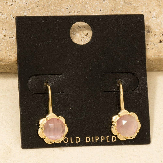 Gold Dipped Faceted Glass Flower Dangle Hook Earrings