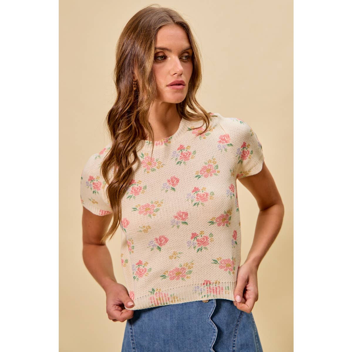 Floral Print Short Sleeve Sweater
