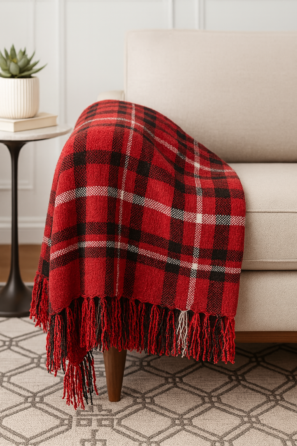 Red Chenille Woven Plaid Tassel 50"x60" Throw Blanket