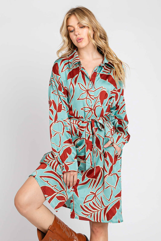 Printed Satin Shirt Dress