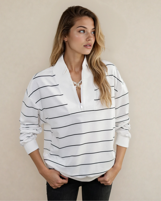 Striped Zipper V-Neck Top