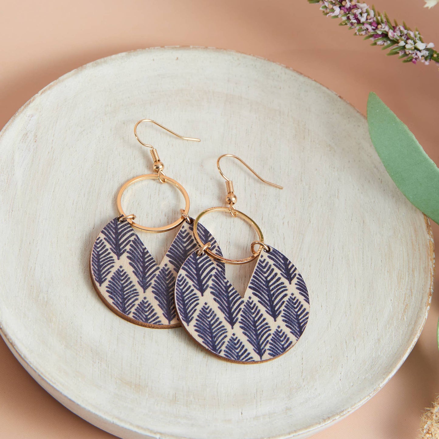 Wooden Leaf Print Gold Drop Earrings