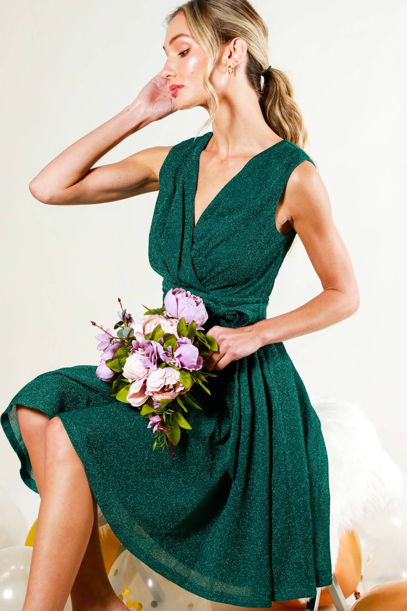 V-neck Sleeveless Tie Waist Midi Dress