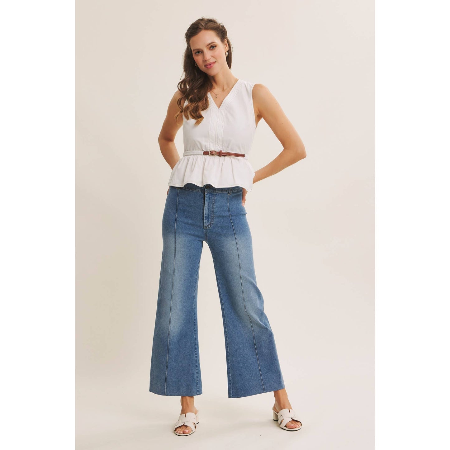 Belted Cotton Top with Contrast Stitching