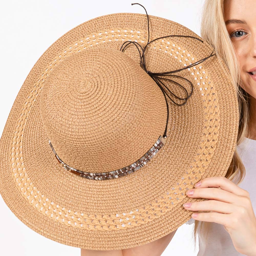 Wide Brim Straw Sun Hat with Evil Eye and Multi Design Band