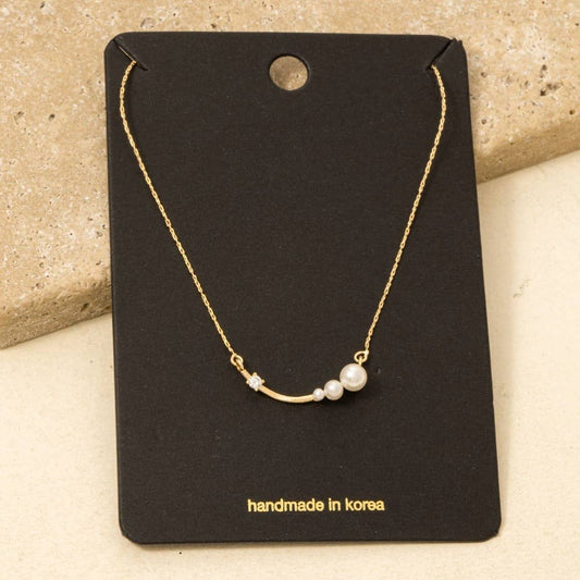 Pearl And Cz Bar Pendant Dainty Chain Necklace