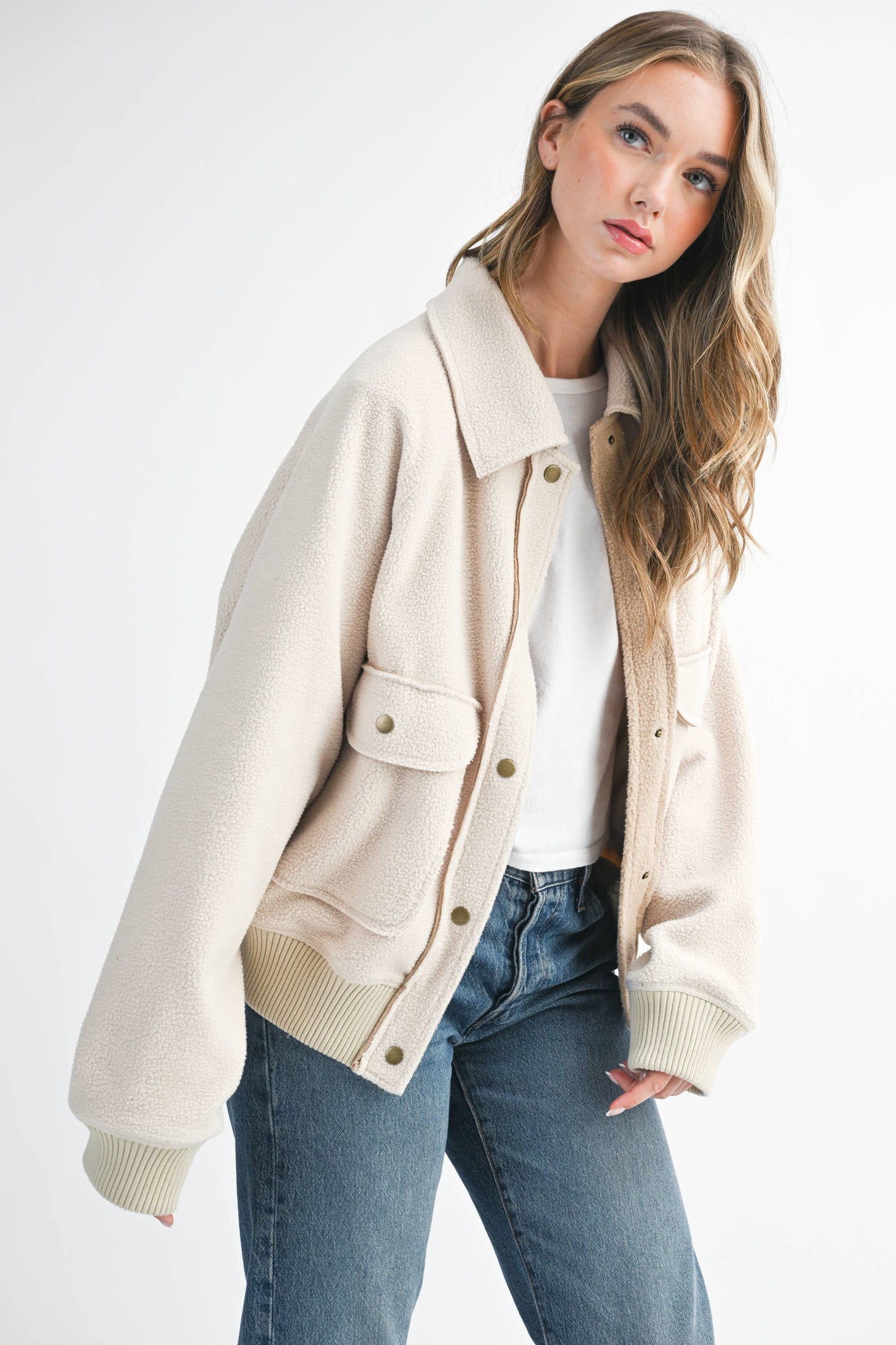 Cropped Button-Up Fleece Jacket