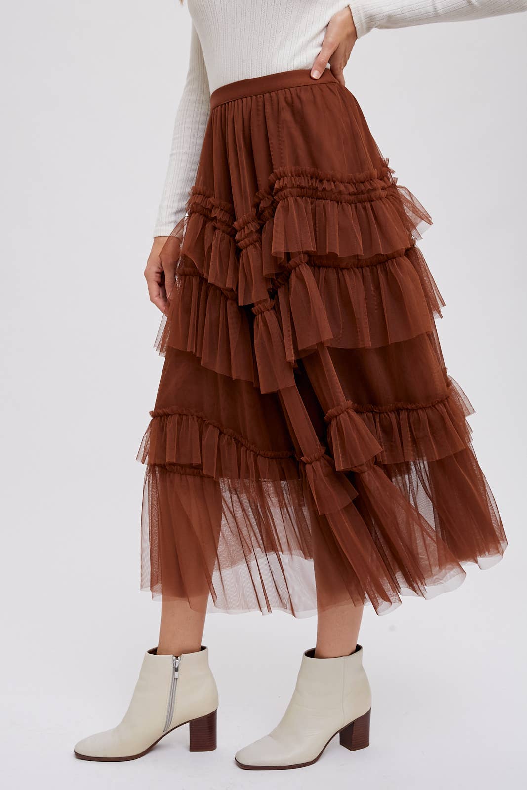 Tiered Ruffled Tulle Midi Skirt