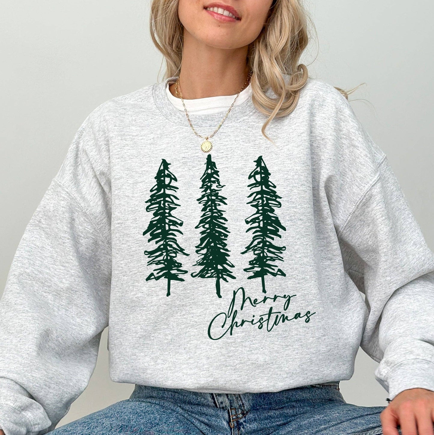 Merry Christmas Sketched Pine Trees Sweater