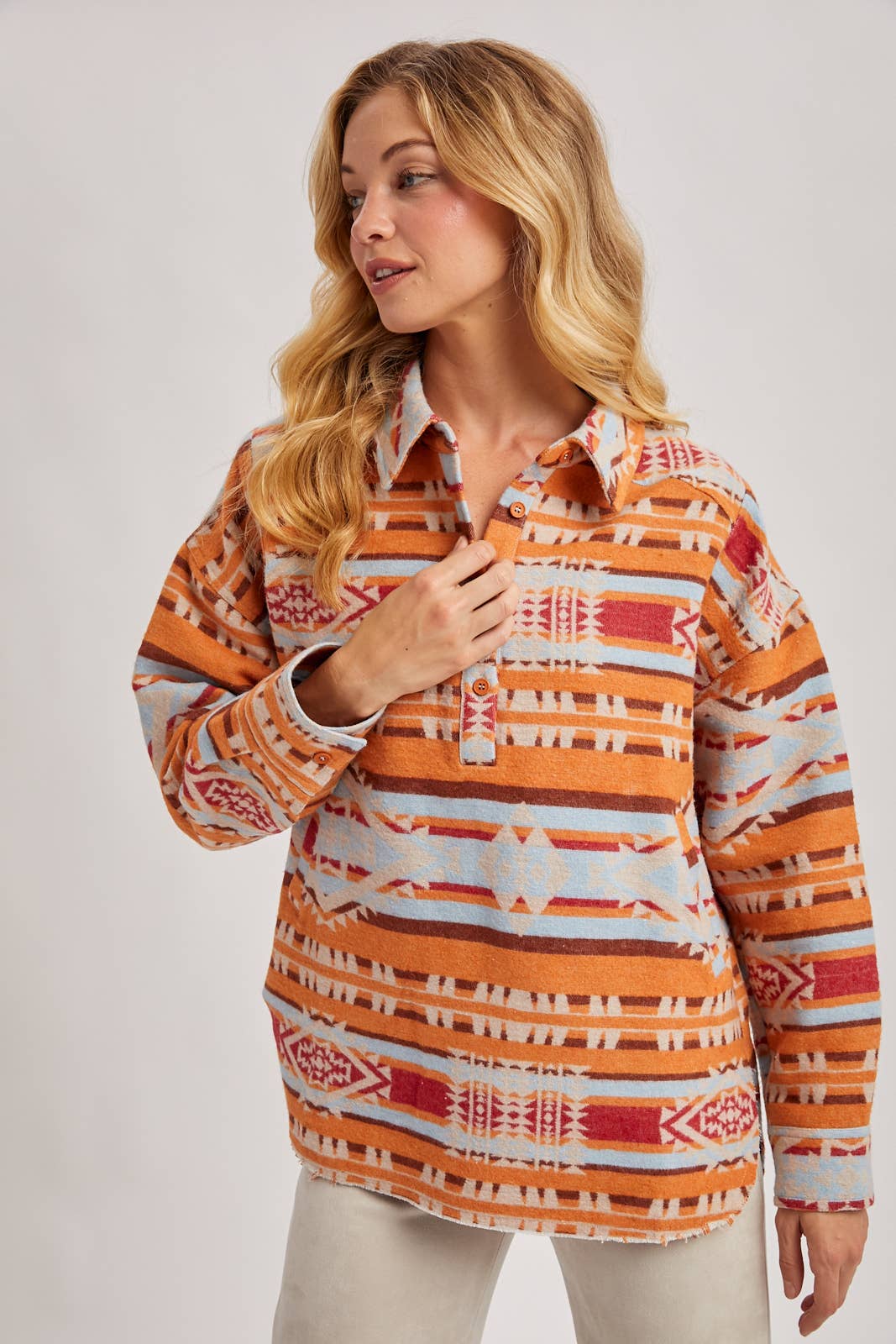 WESTERN GEOMETRIC PRINT HALF-BUTTON DOWN SHACKET PULLOVER