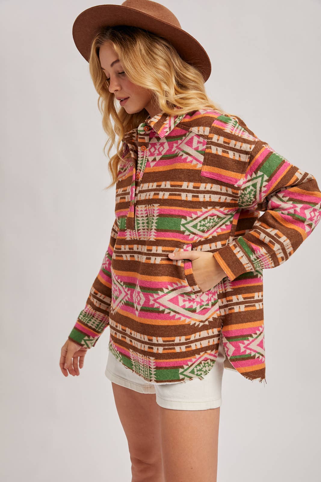 WESTERN GEOMETRIC PRINT HALF-BUTTON DOWN SHACKET PULLOVER