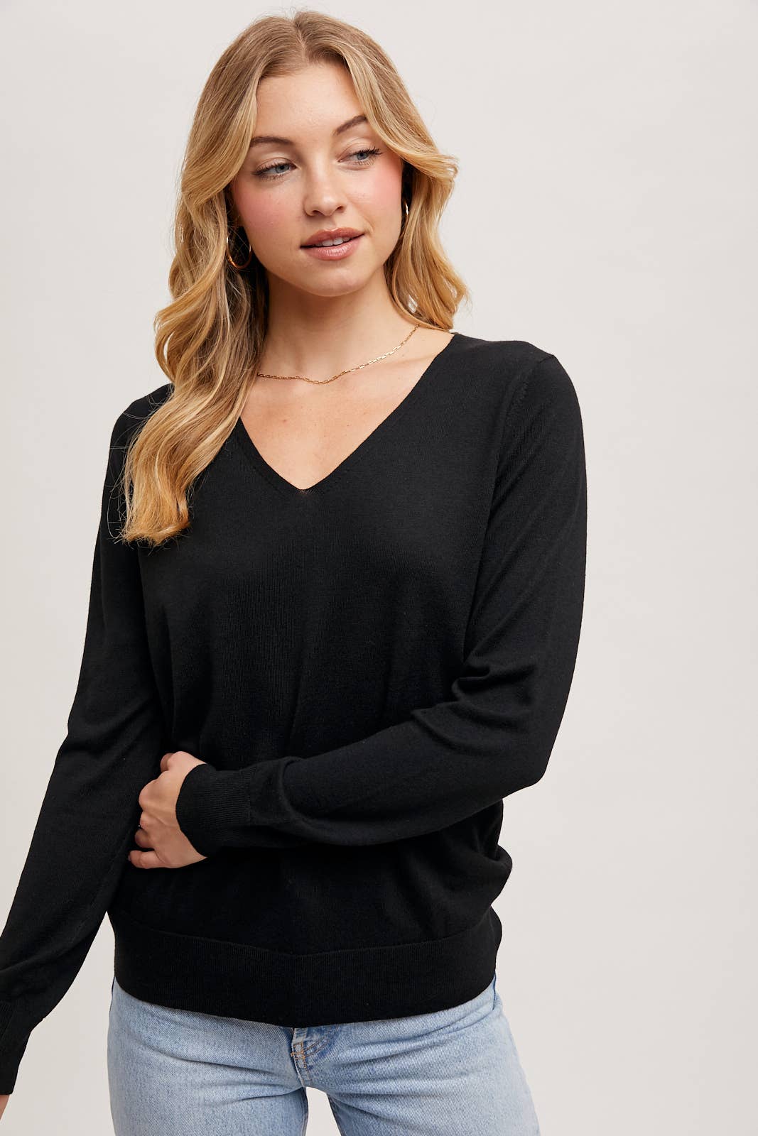 V-Neck Knit Pullover Long Sleeve Top