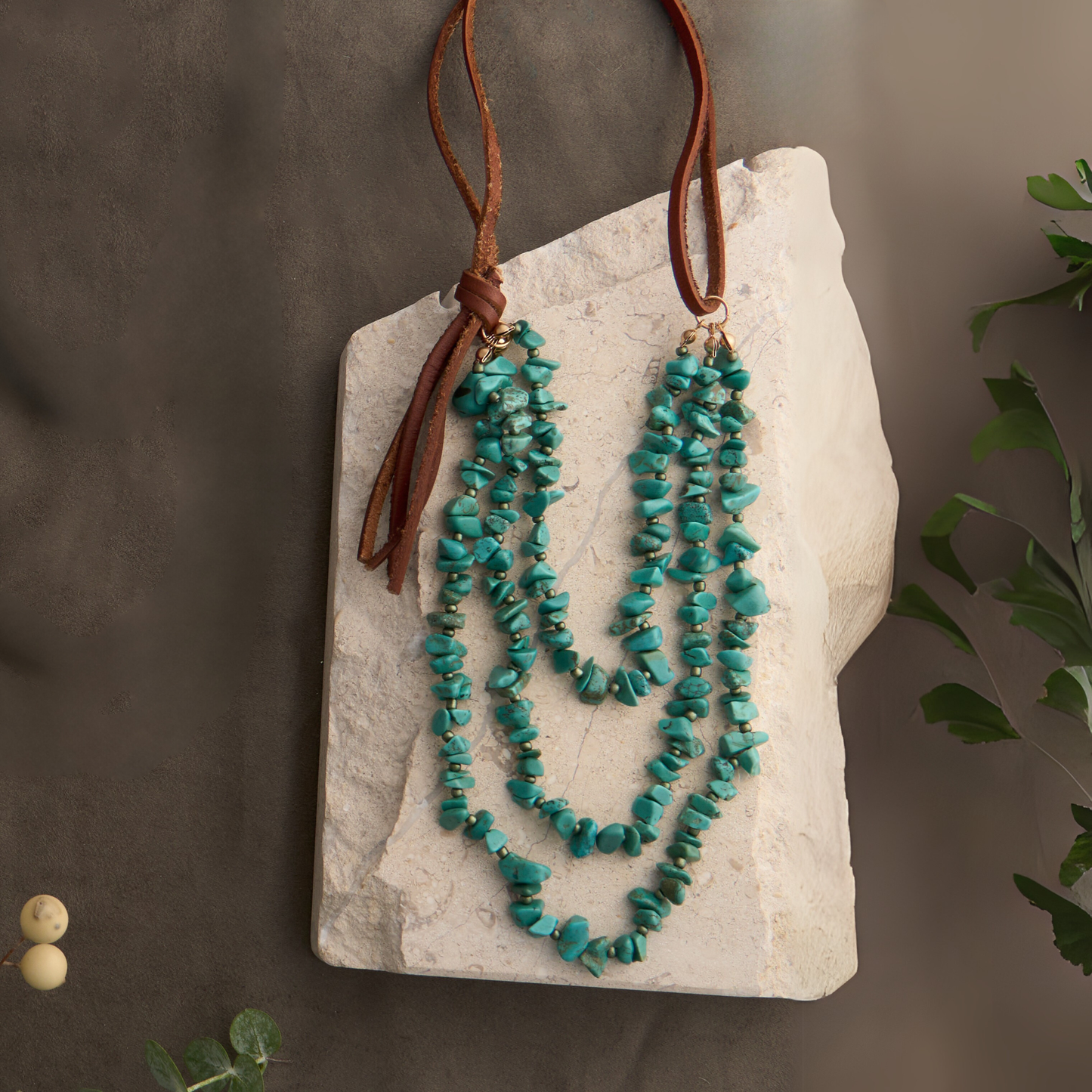 Leather Multi Row Turquoise 24" Necklace