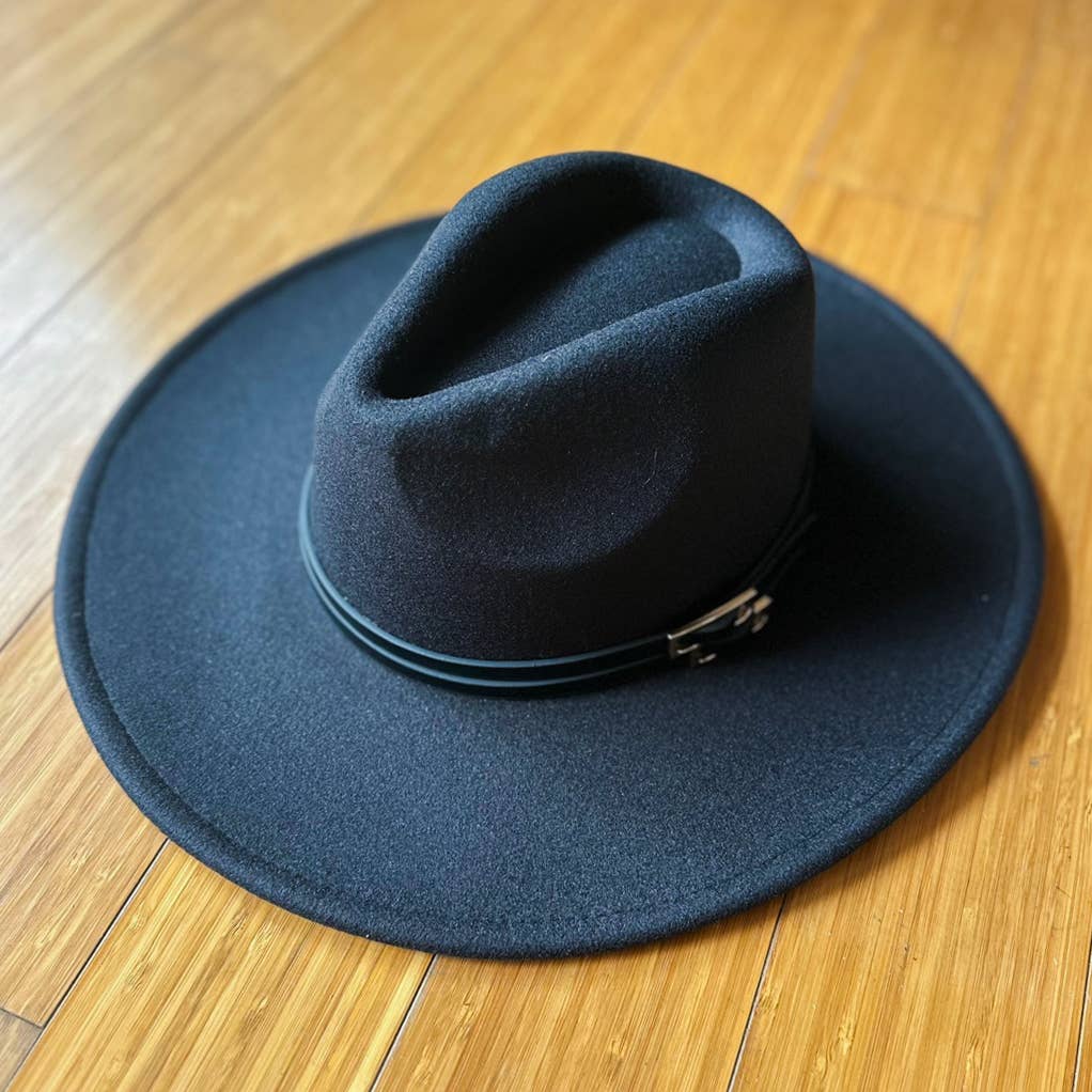 Black Fedora with Double Buckle Trim