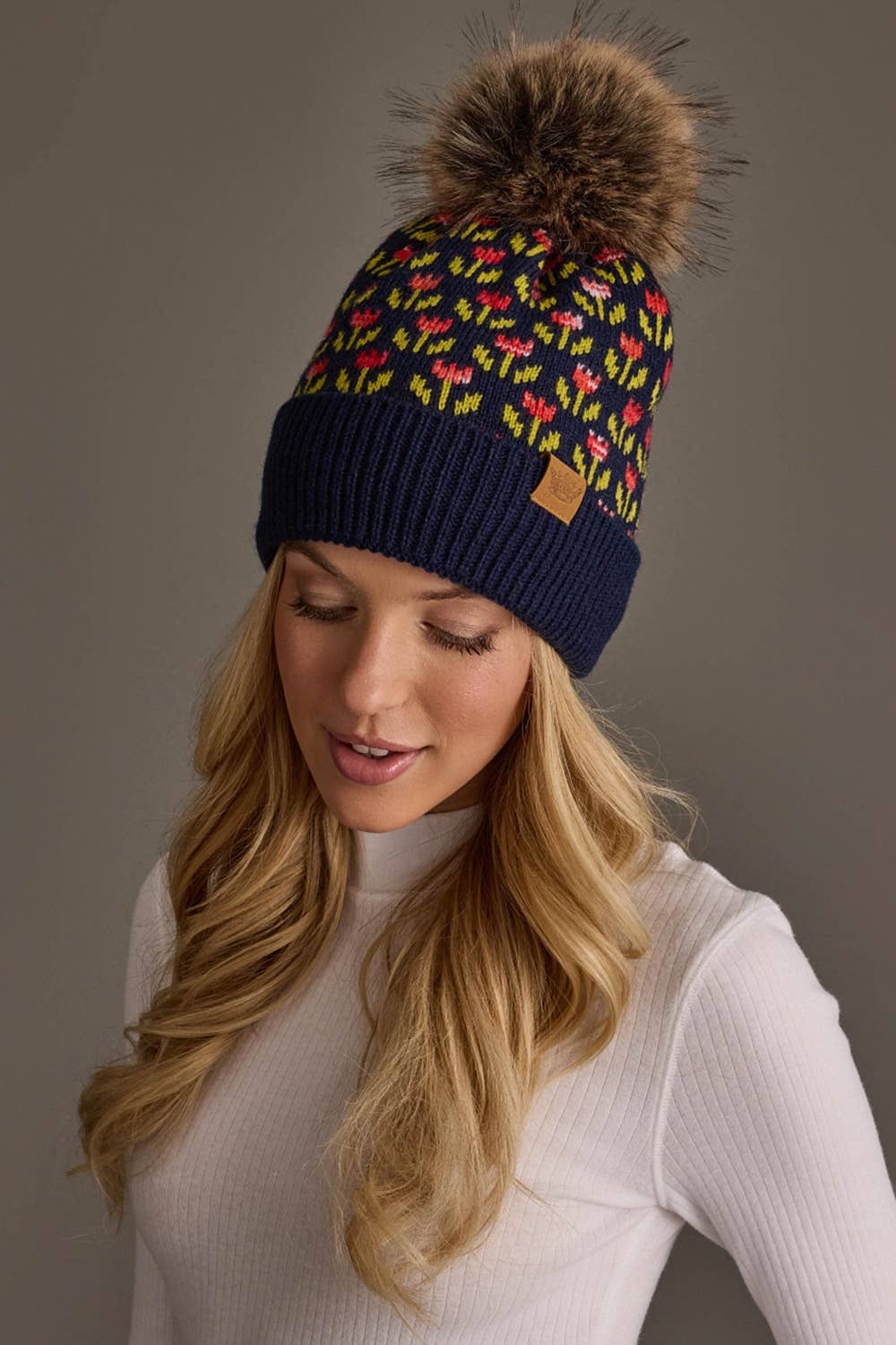 Navy Floral Pattern Knit Pom Hat