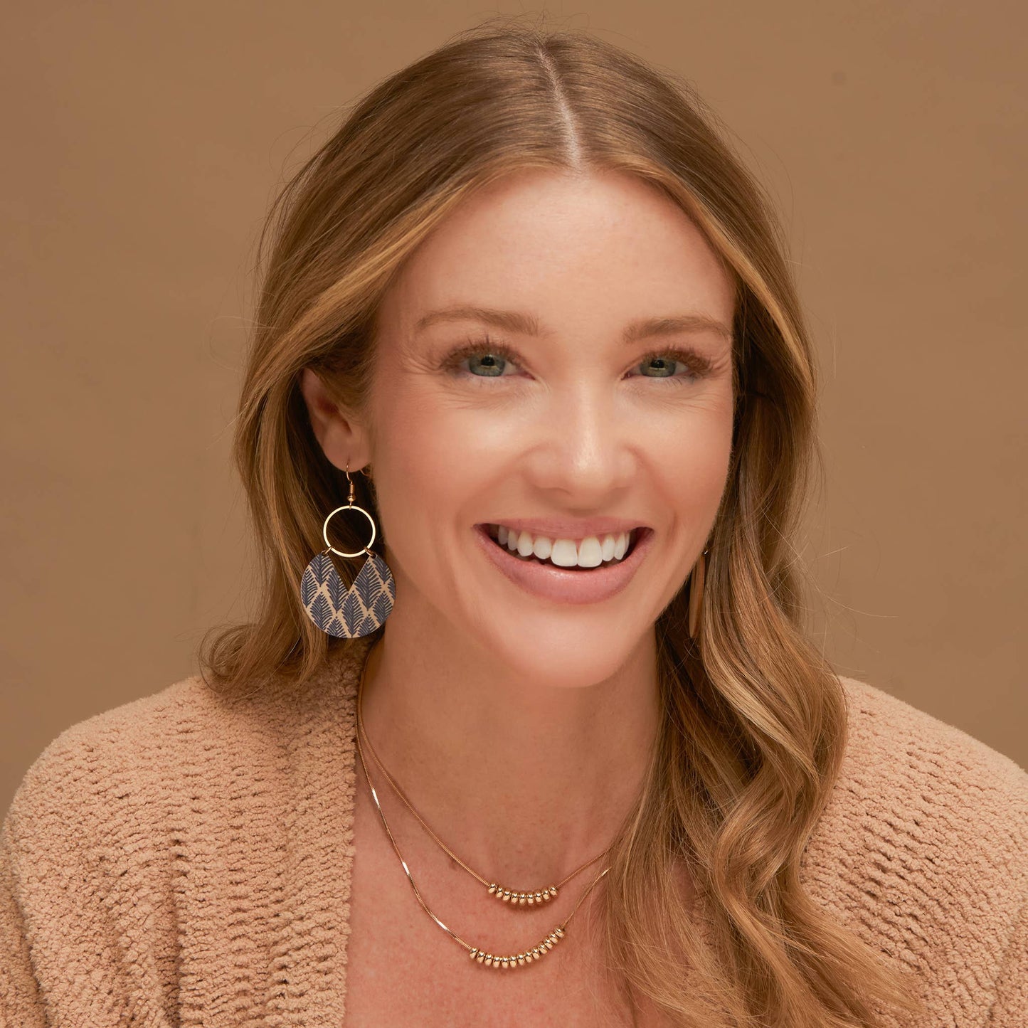 Wooden Leaf Print Gold Drop Earrings