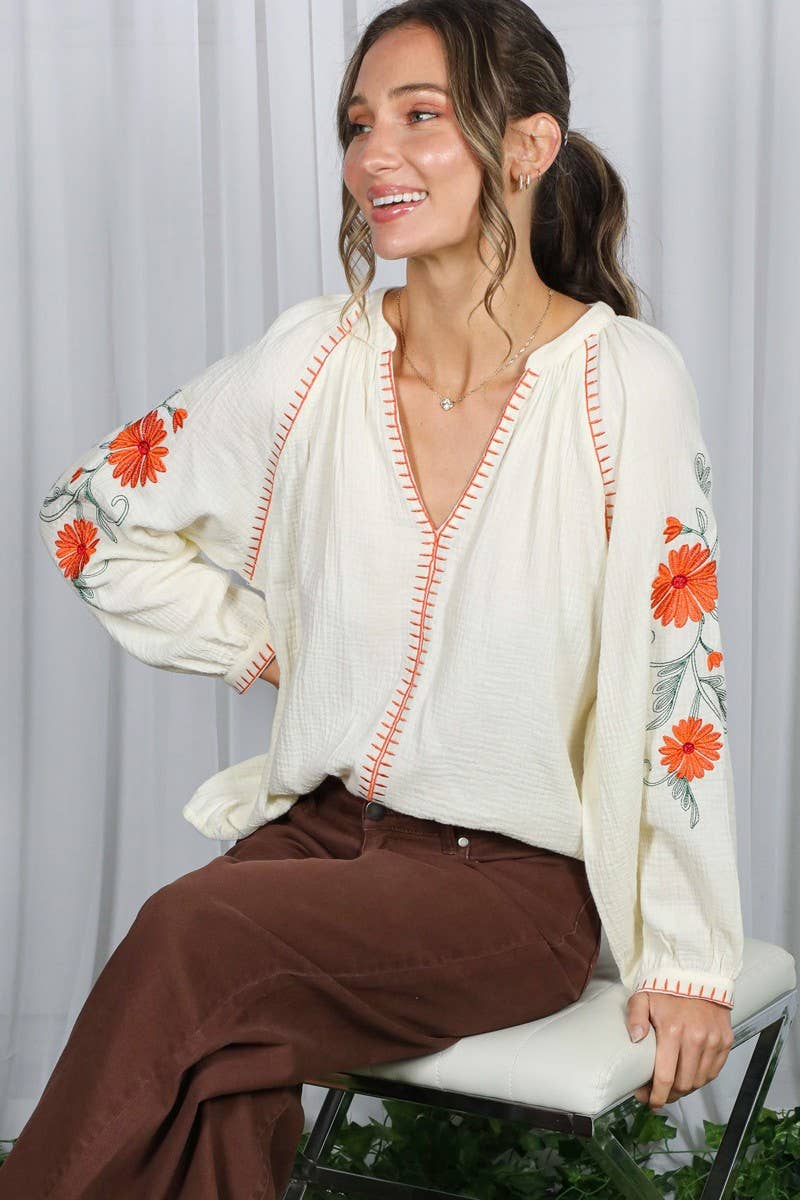 Floral Embroidered Gauze Blouse