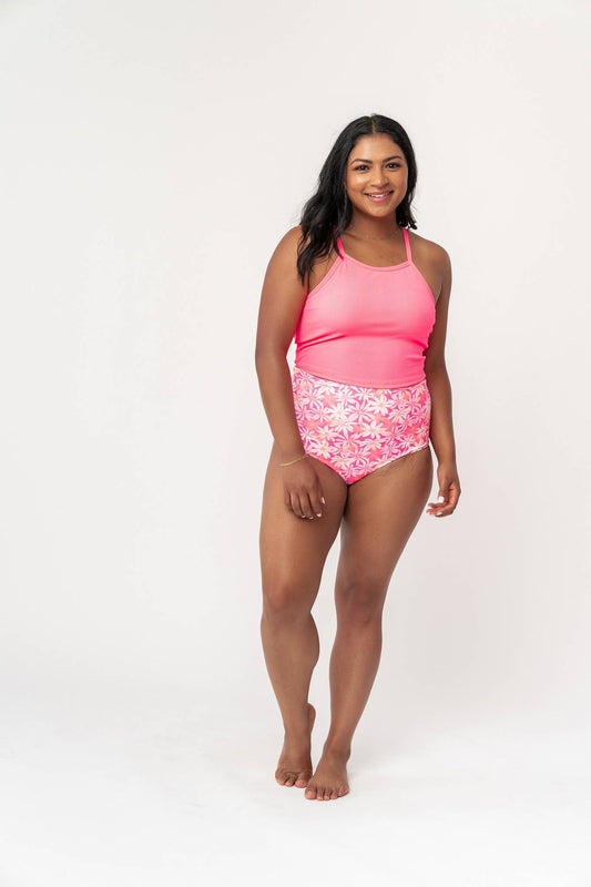 Pink High Rise Ribbed Swim Top