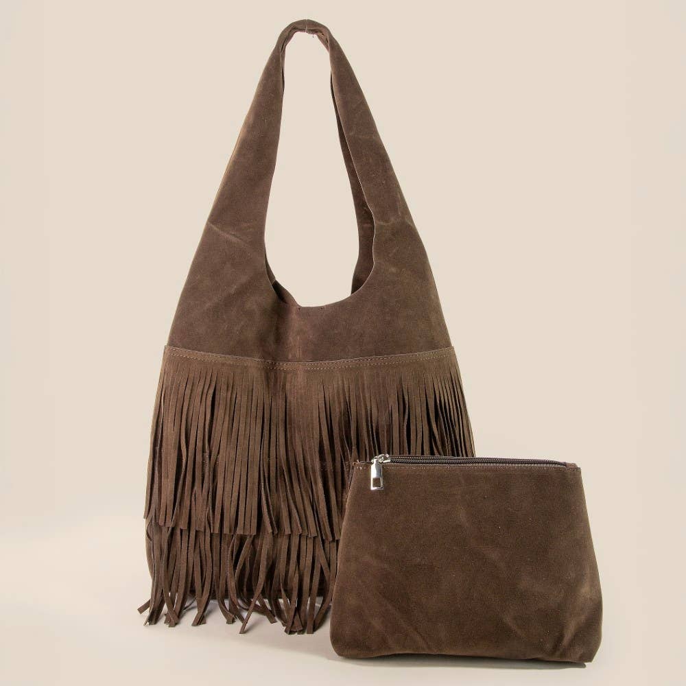Layered Fringe Detail Suede Hobo Bag