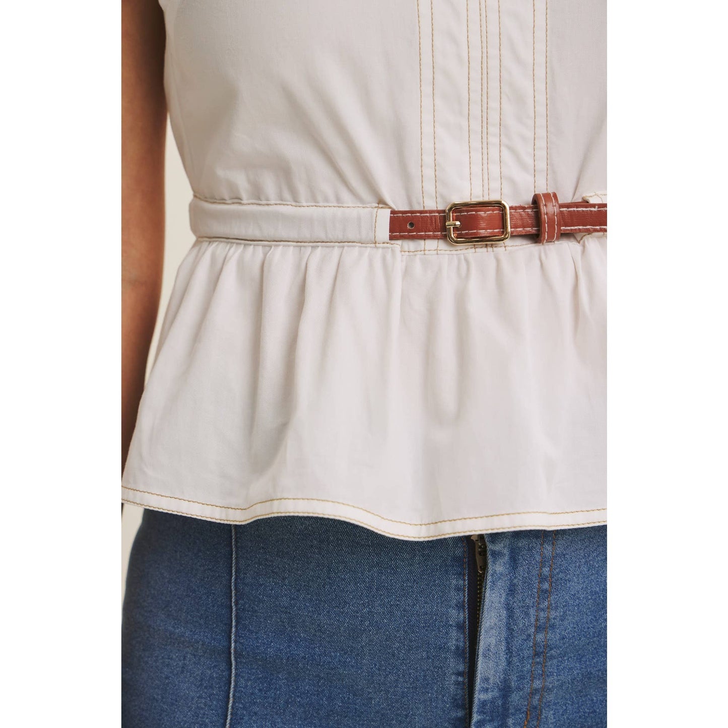 Belted Cotton Top with Contrast Stitching