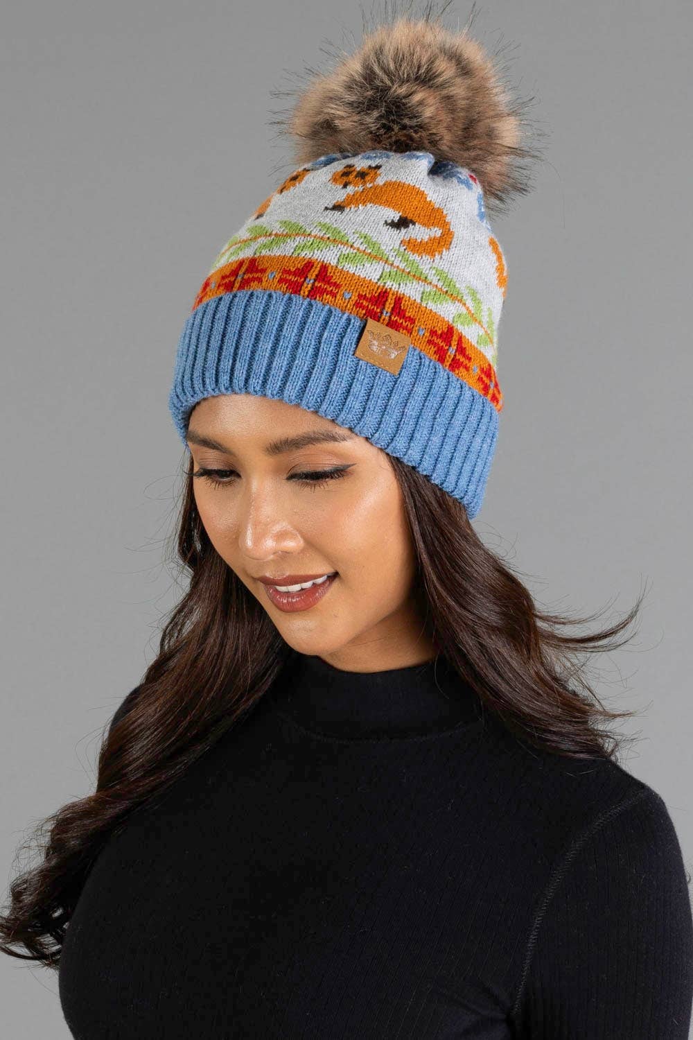 Blue Fox Pattern Knit Pom Hat