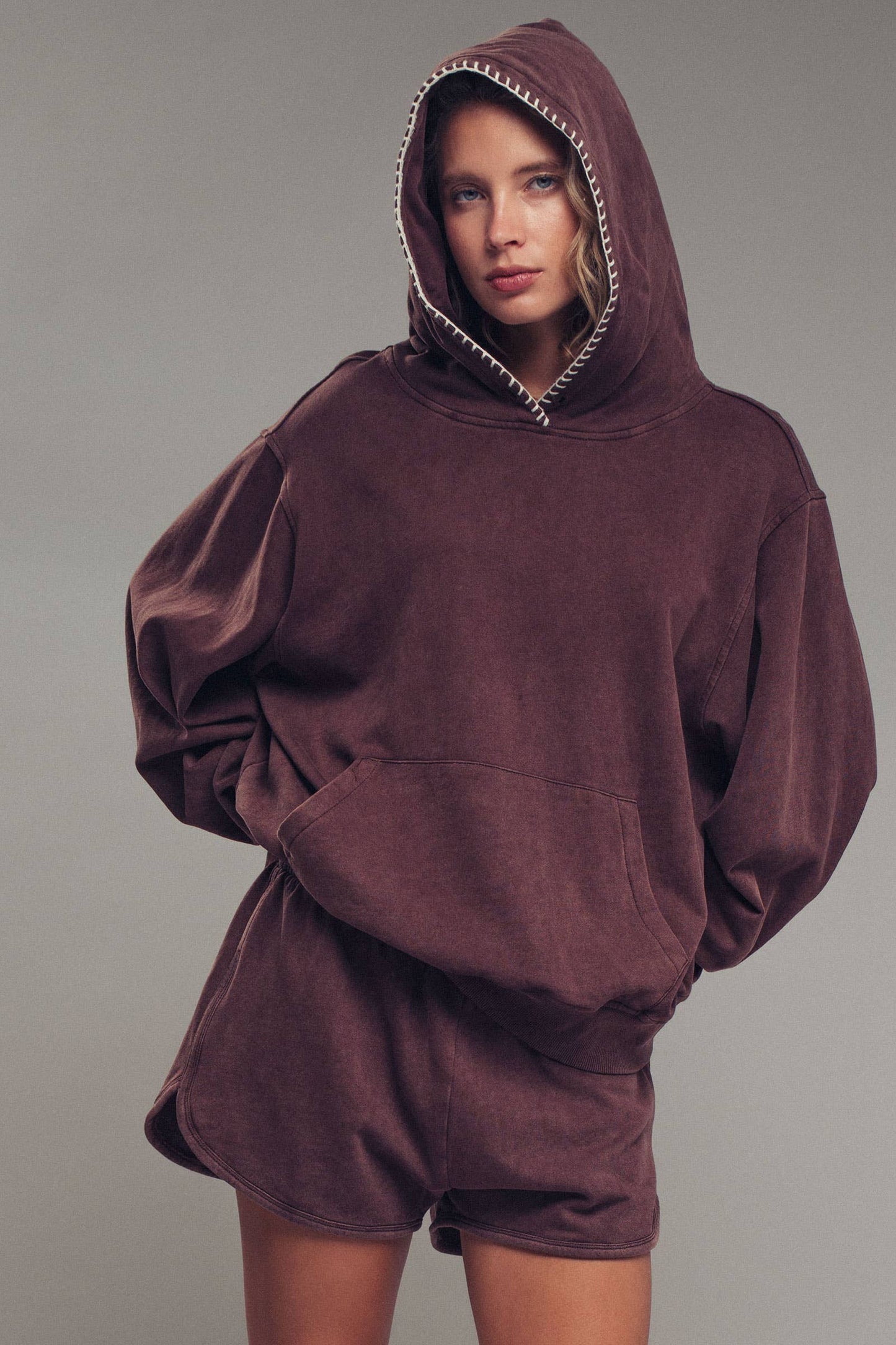 Vintage-Wash Crochet Trim Hooded Sweatshirt