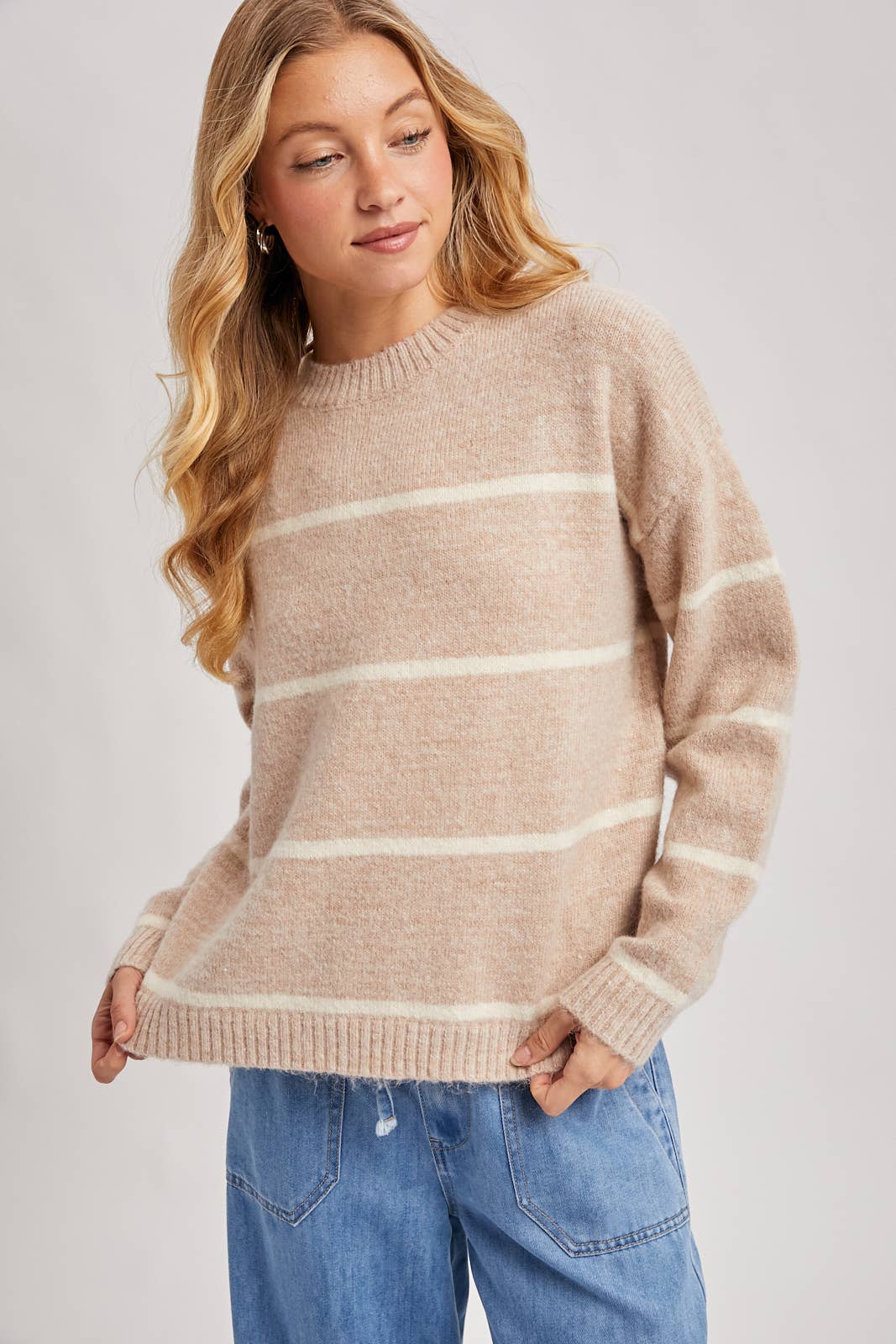 STRIPED FUZZY KNIT SWEATER