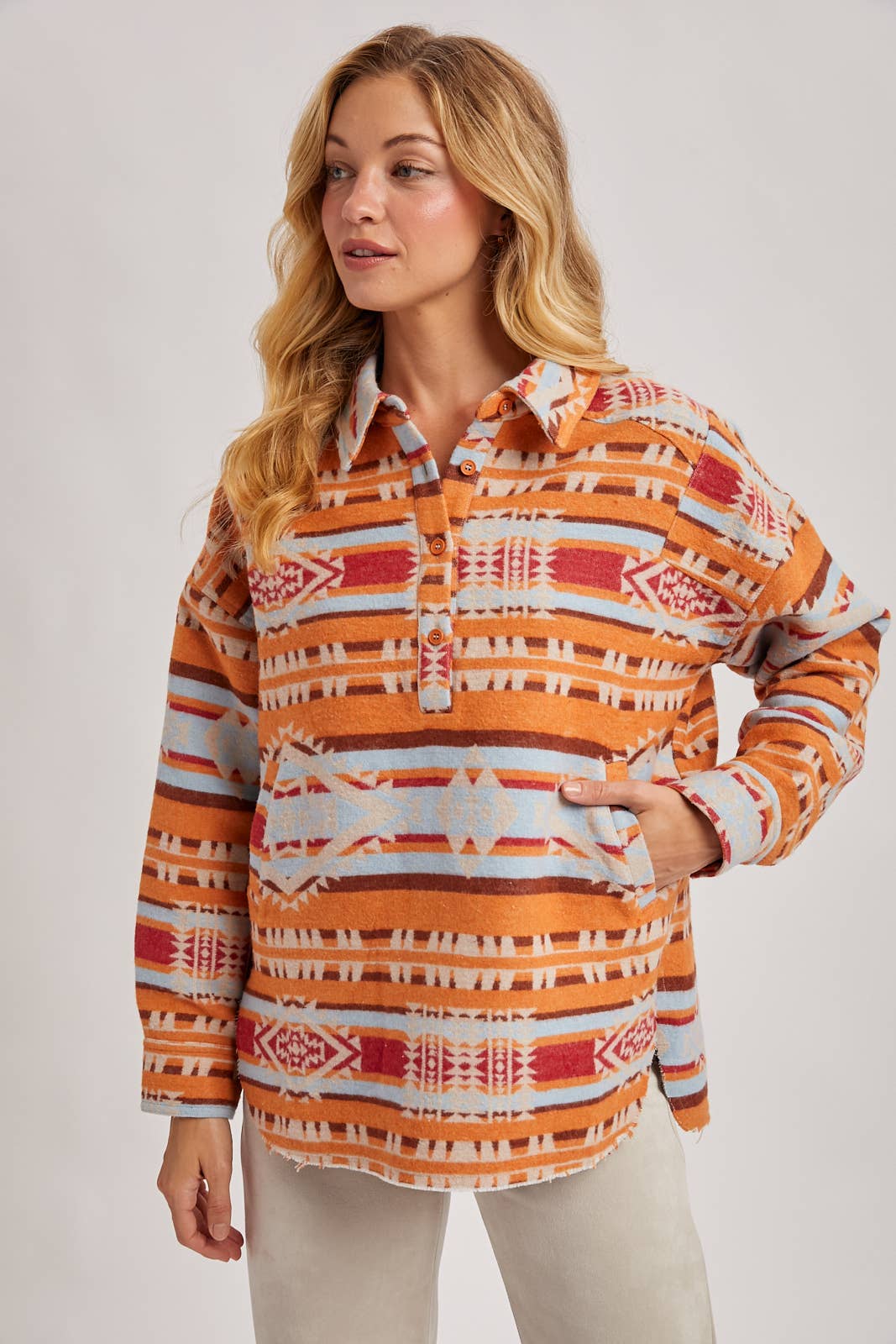 WESTERN GEOMETRIC PRINT HALF-BUTTON DOWN SHACKET PULLOVER