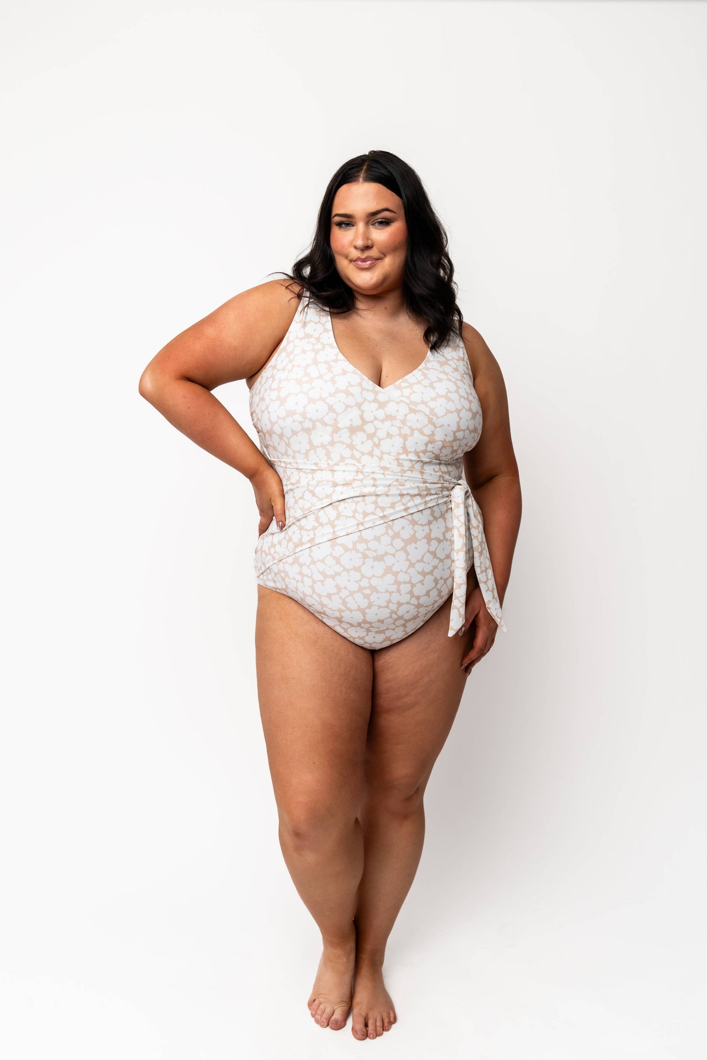 Tan Floral Wrap Front One Piece