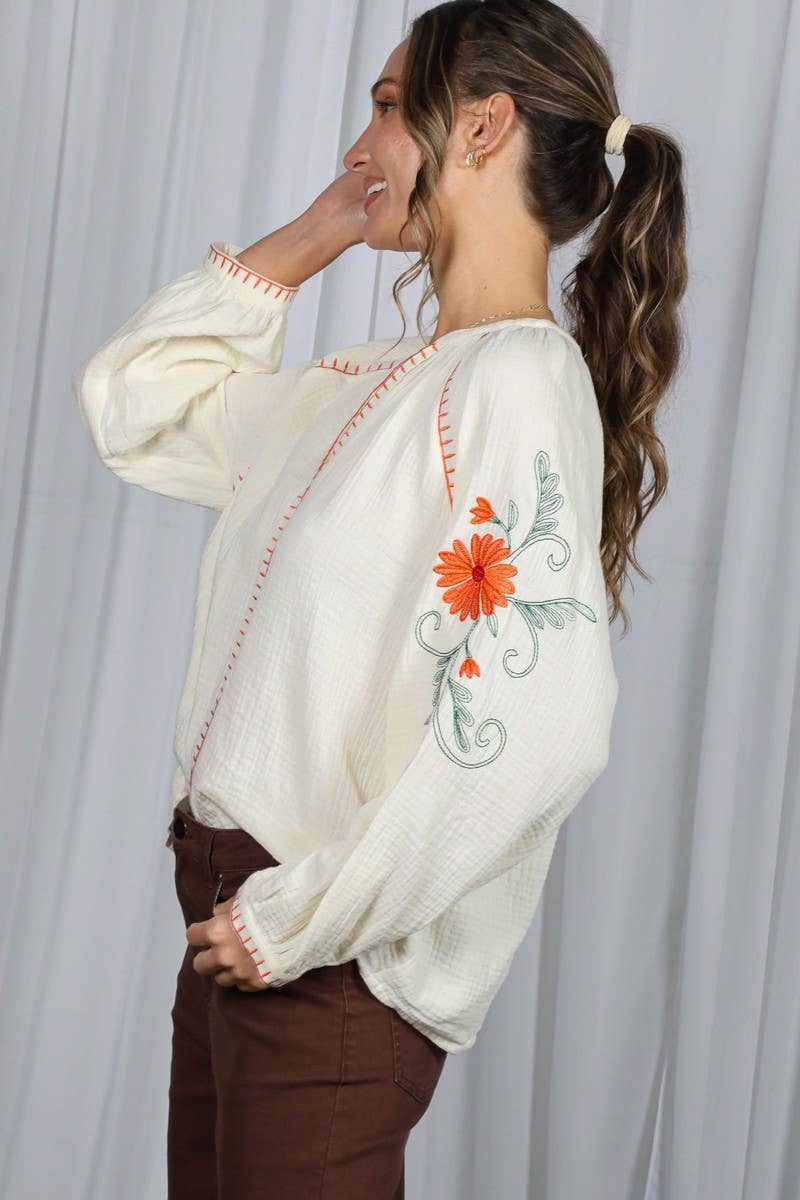 Floral Embroidered Gauze Blouse
