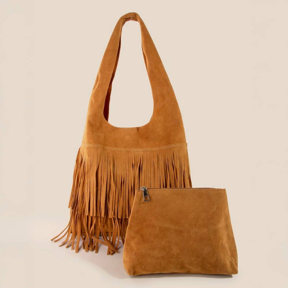 Layered Fringe Detail Suede Hobo Bag
