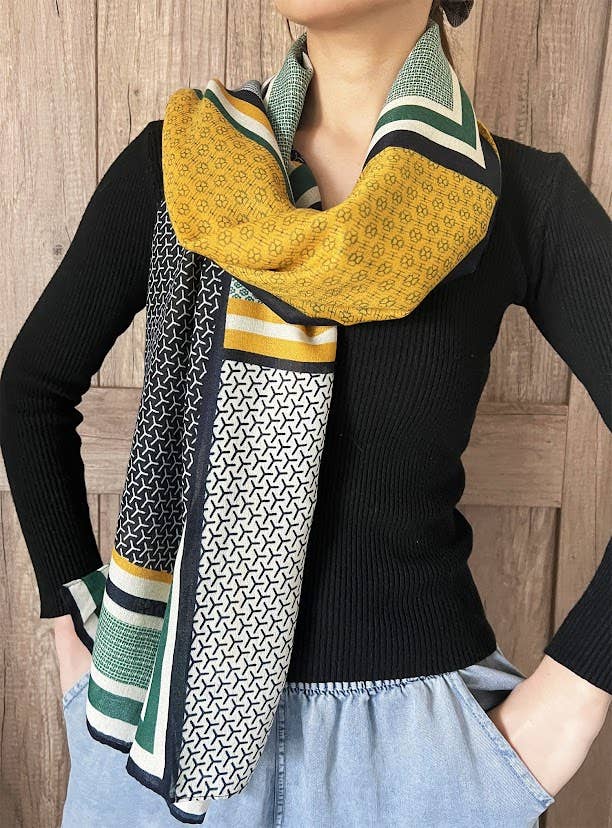Green Multi Geometric Pattern Cotton-Wool Wrap Scarf