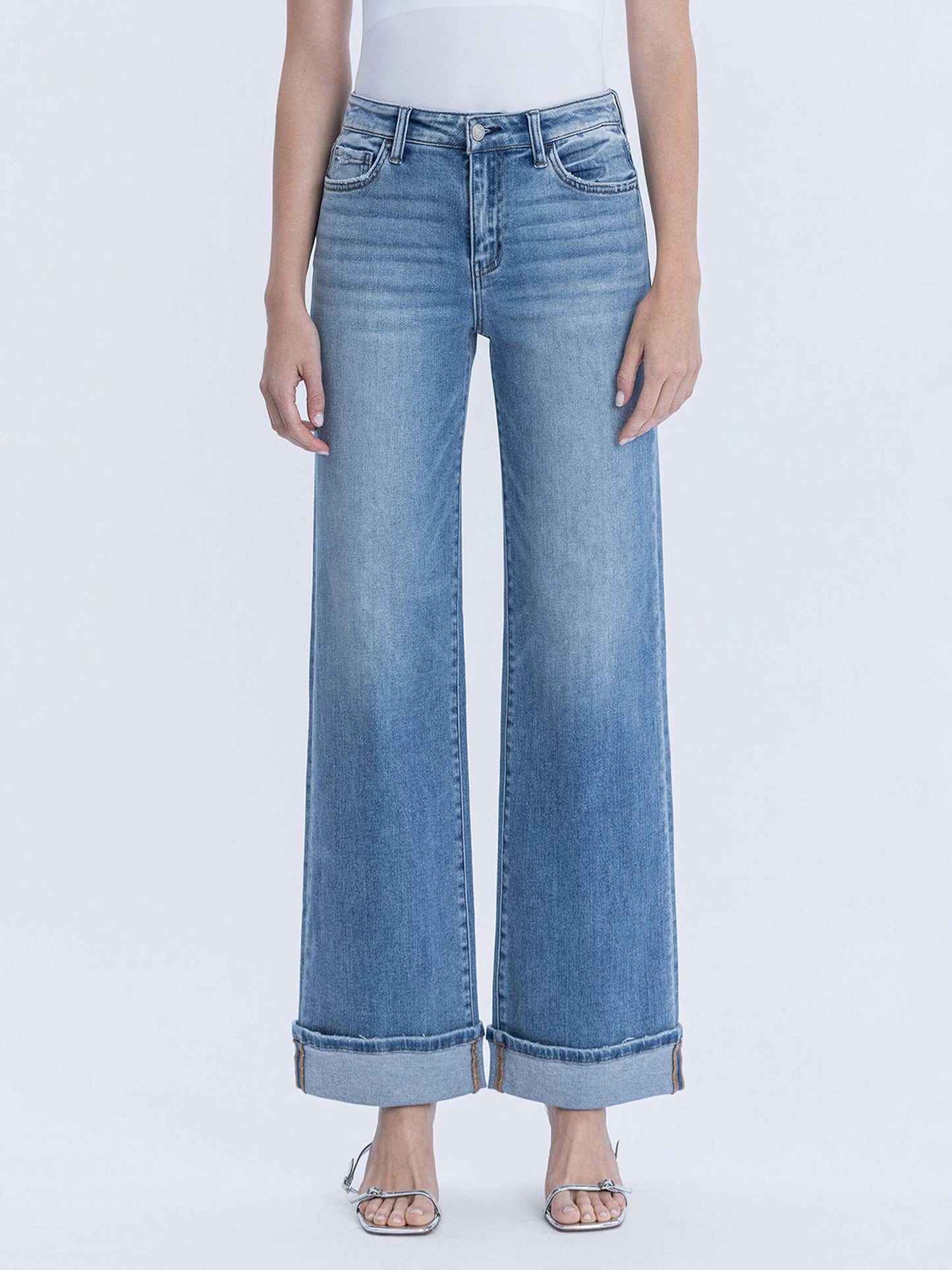 Full Length Wide Leg Cuffed Jeans