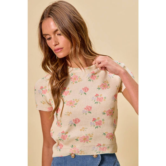 Floral Print Short Sleeve Sweater