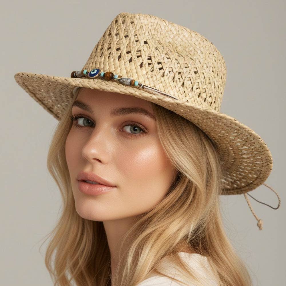 Boho Evil Eye Accent Beaded Beaded Band Breathable Woven Western Summer Cowboy Fedora Sun Hat