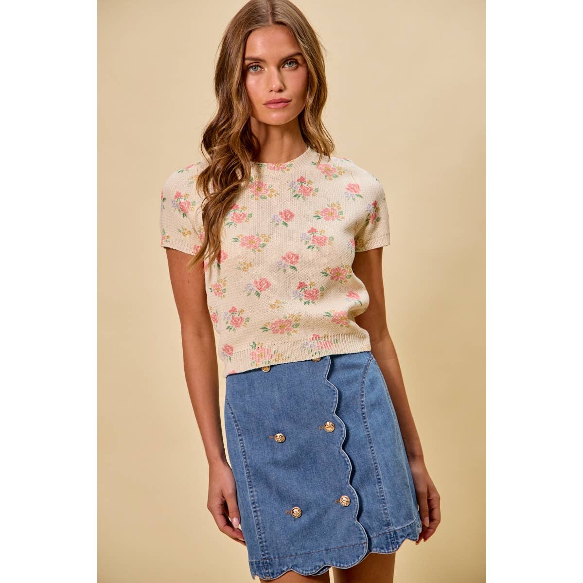 Floral Print Short Sleeve Sweater