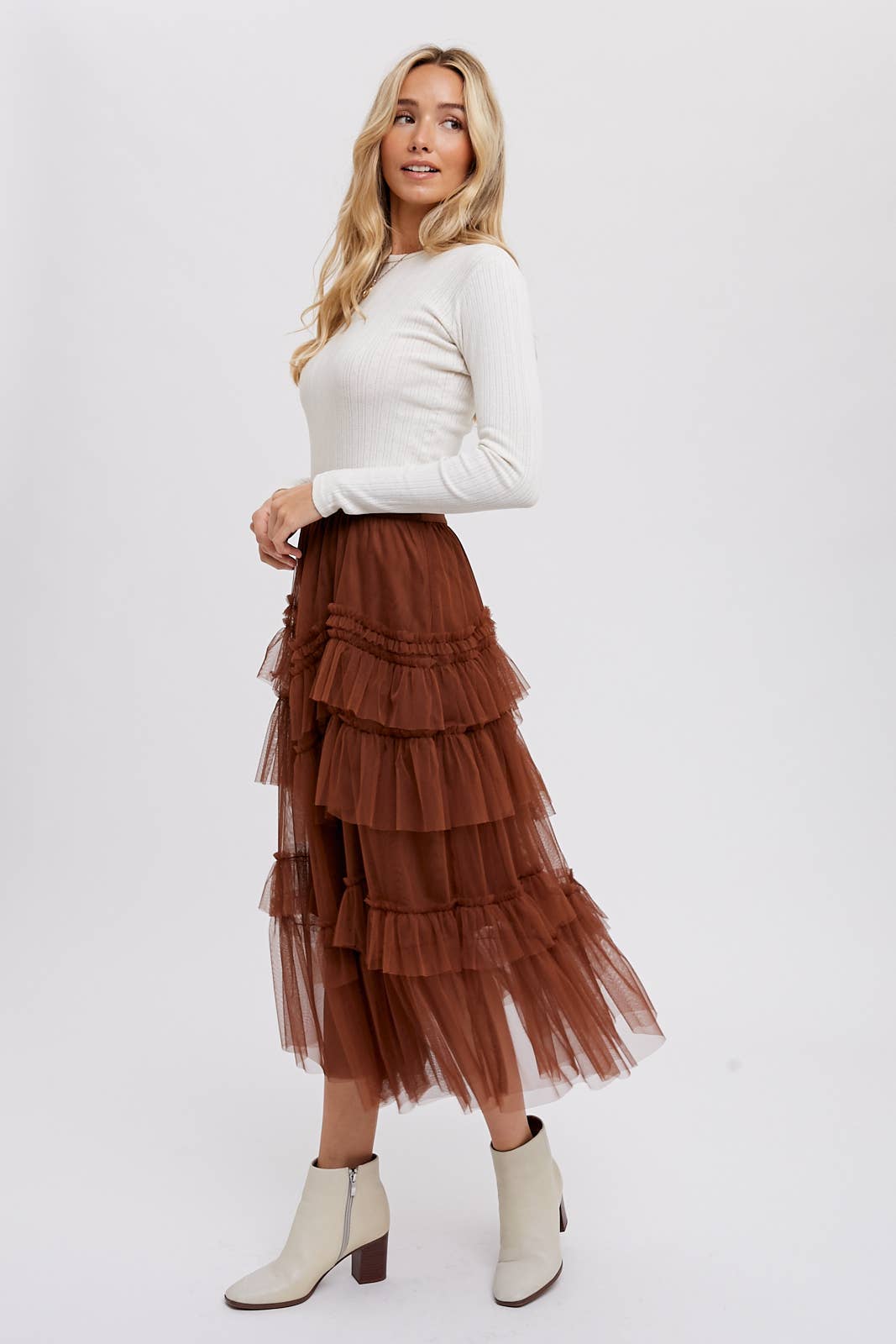 Tiered Ruffled Tulle Midi Skirt