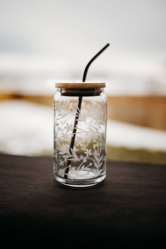 Floral Etched Glass, 16oz