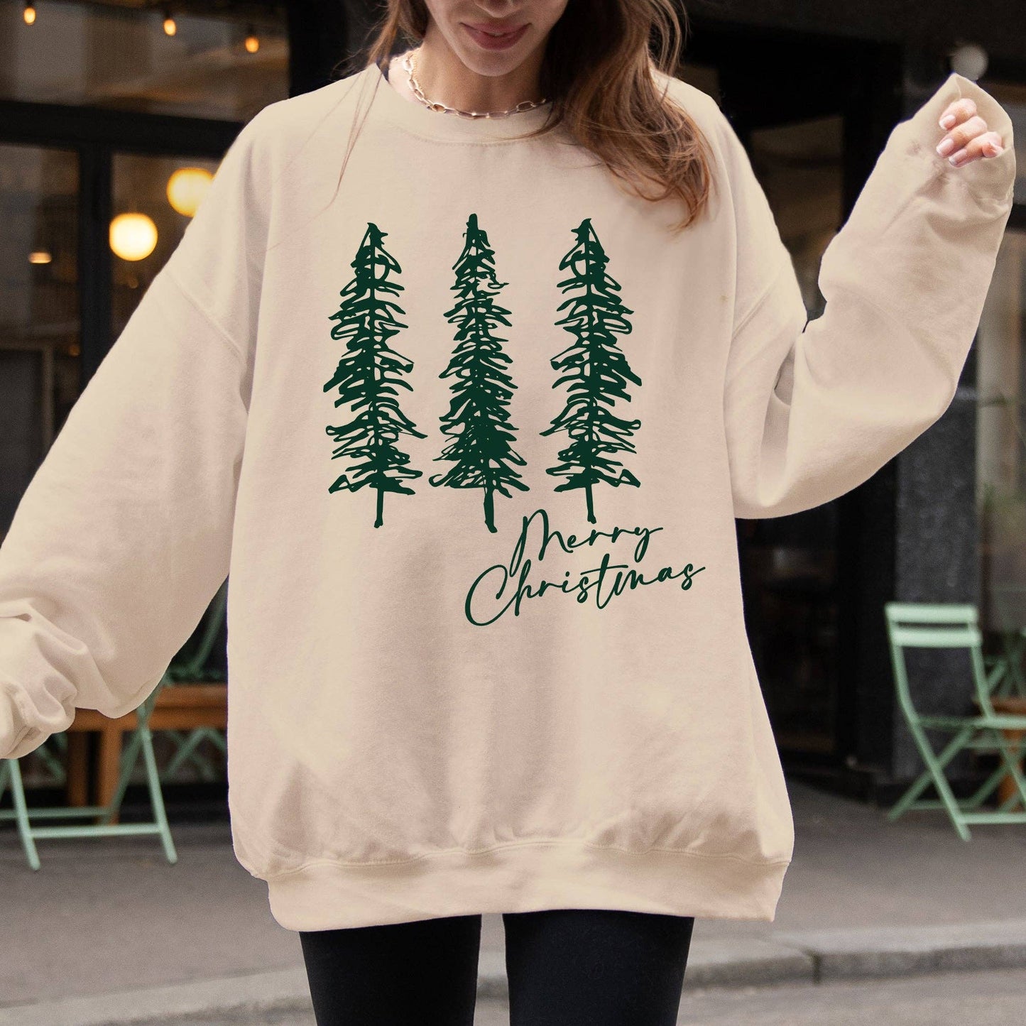 Merry Christmas Sketched Pine Trees Sweater