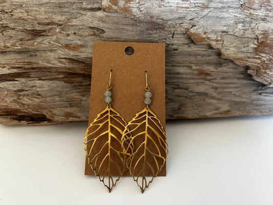 Raw Brass Leaf Earrings with Kiwi Jasper Beads