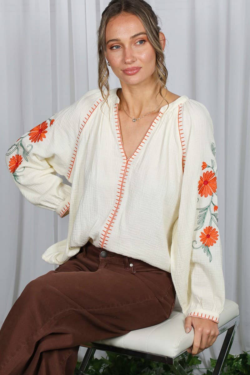 Floral Embroidered Gauze Blouse