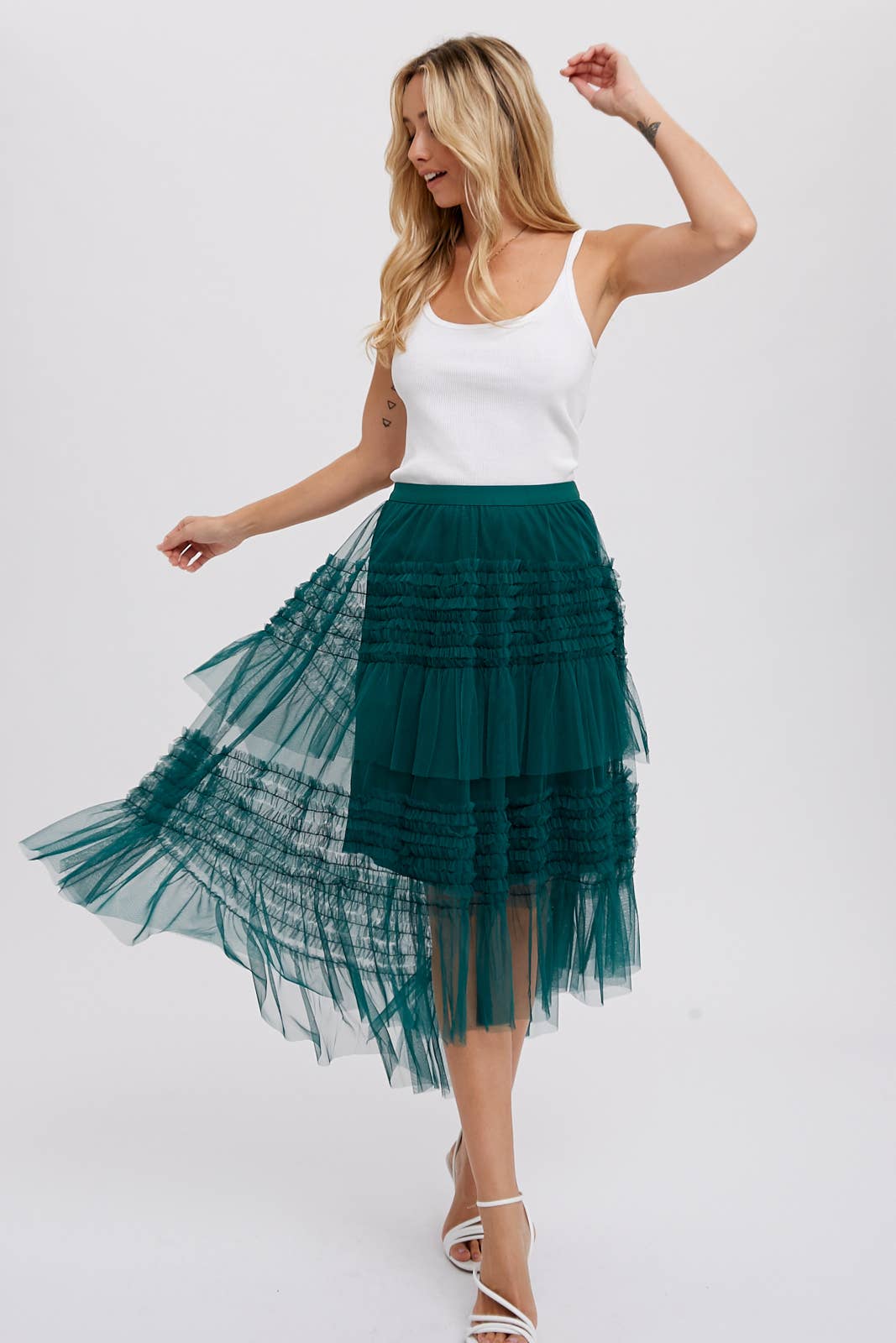 Hi-Lo Frilled Tulle Midi Skirt