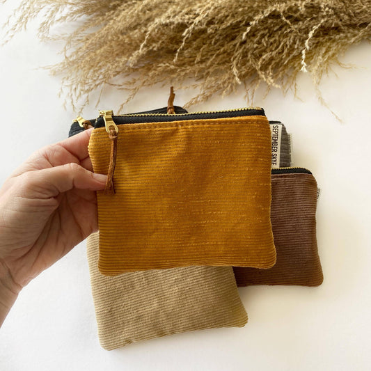 Small square pouch in mustard yellow corduroy