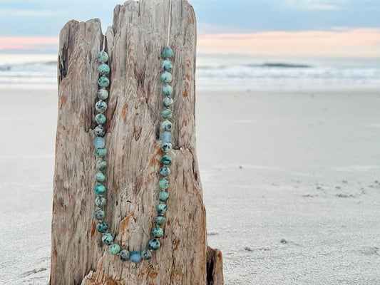Apatite and Recycled Glass Adjustable Beaded Necklace