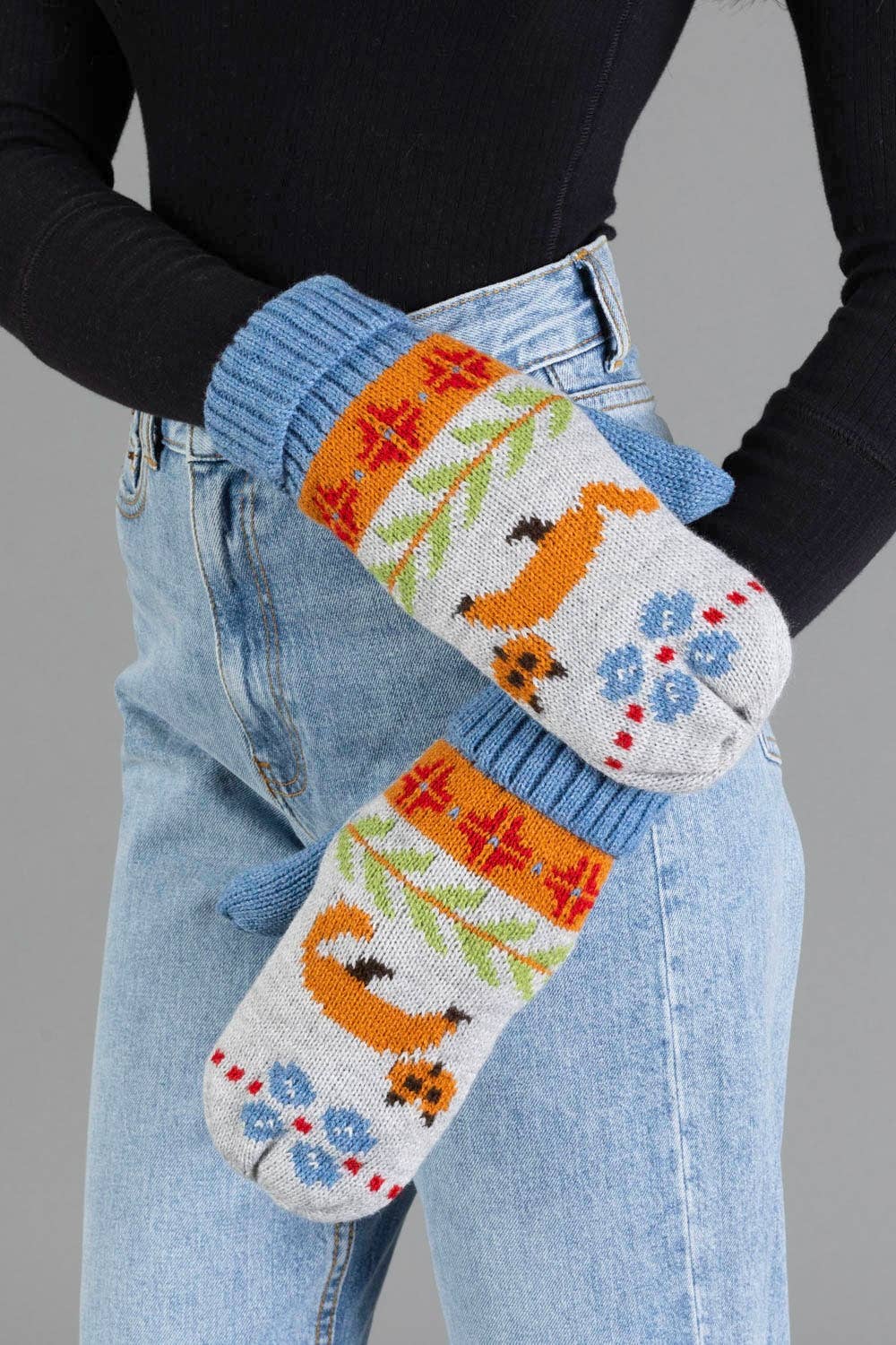 Blue Fox Pattern Knit Mittens