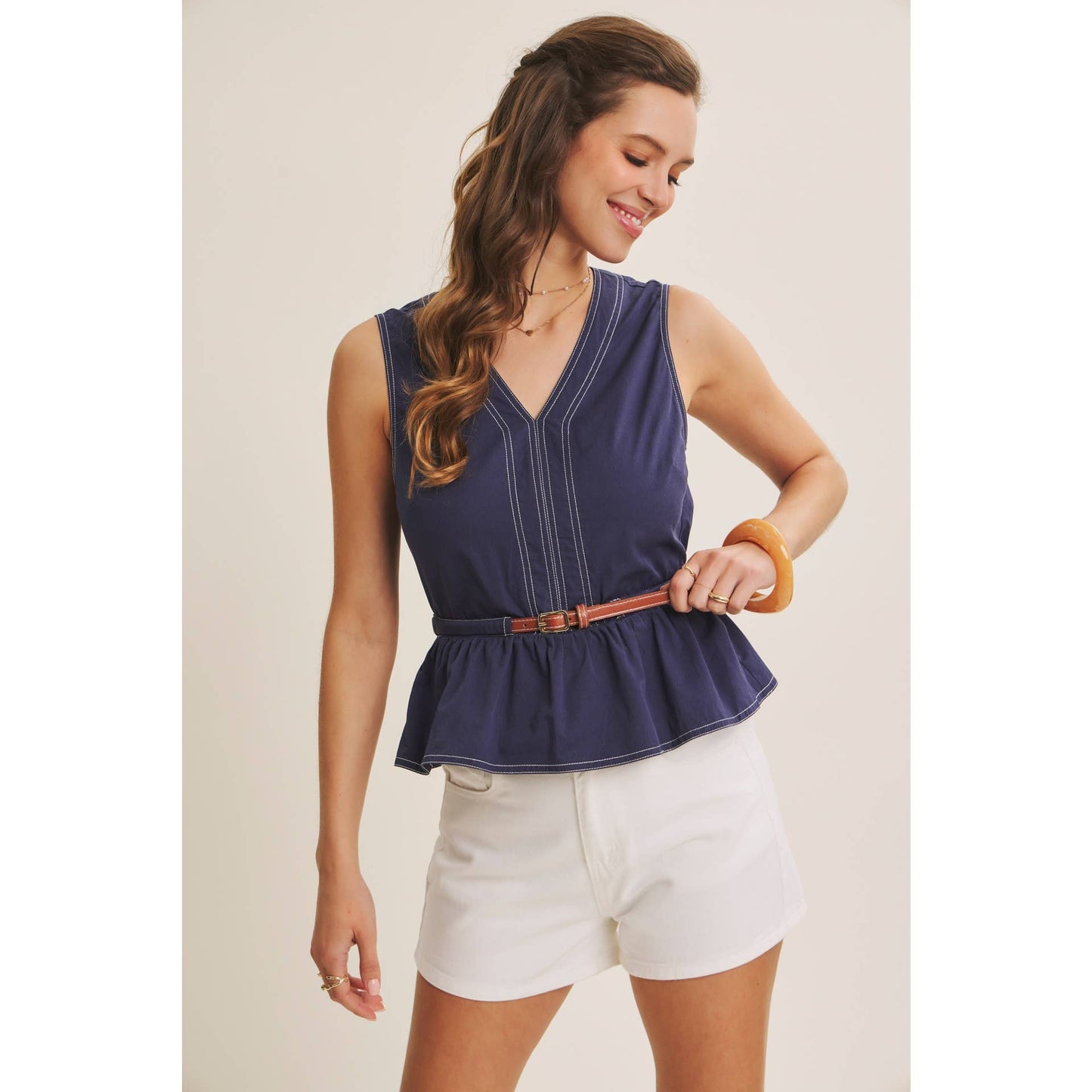 Belted Cotton Top with Contrast Stitching