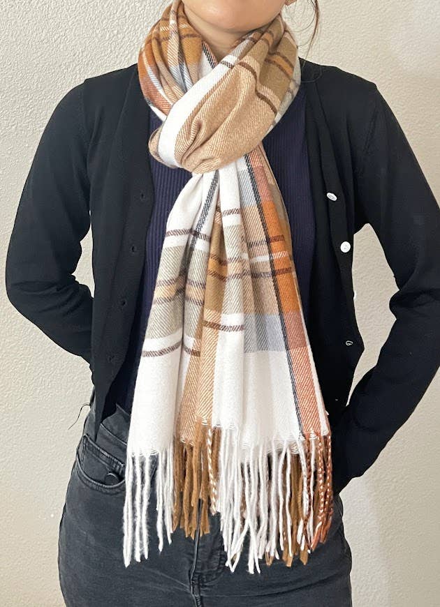 Brown Multi Plaid Fringe Cashmere Ultra Soft Scarf